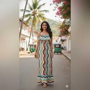 Anthropologie FARM Rio Sleeveless Dancing Stripes Rainbow Ruffle Maxi medium